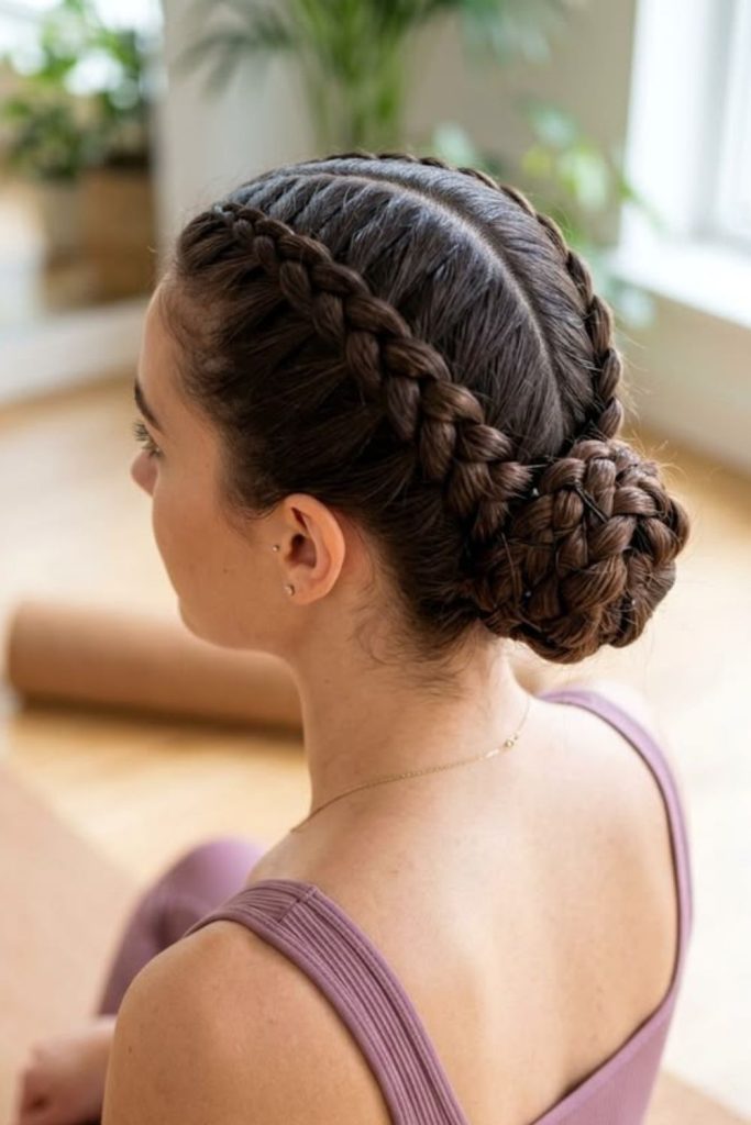 Stack stacked braided bun strong fitness hair design