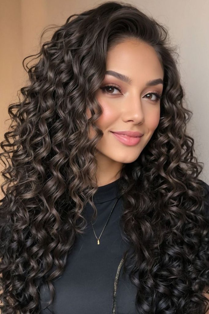 Raven black silky curls falling with smooth elegance