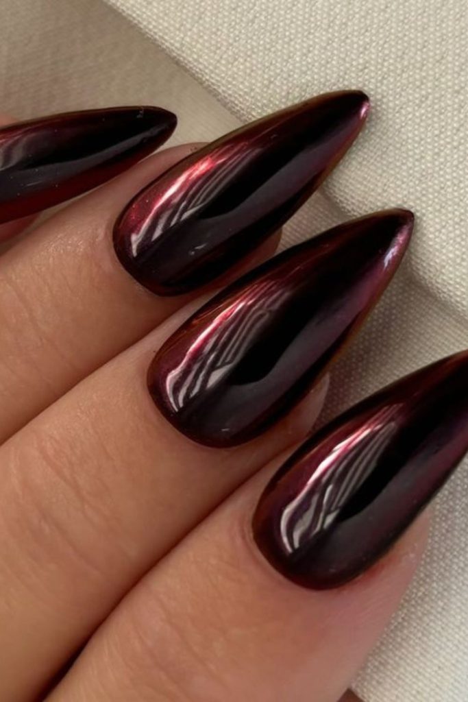 Berry black glossy goth nails design