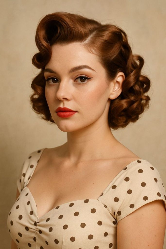 Vintage glam structured bold elegant curly look.