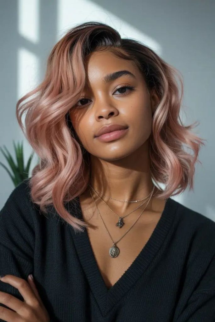 Rose gold swoop hairstyle with soft glowing romantic side sweep