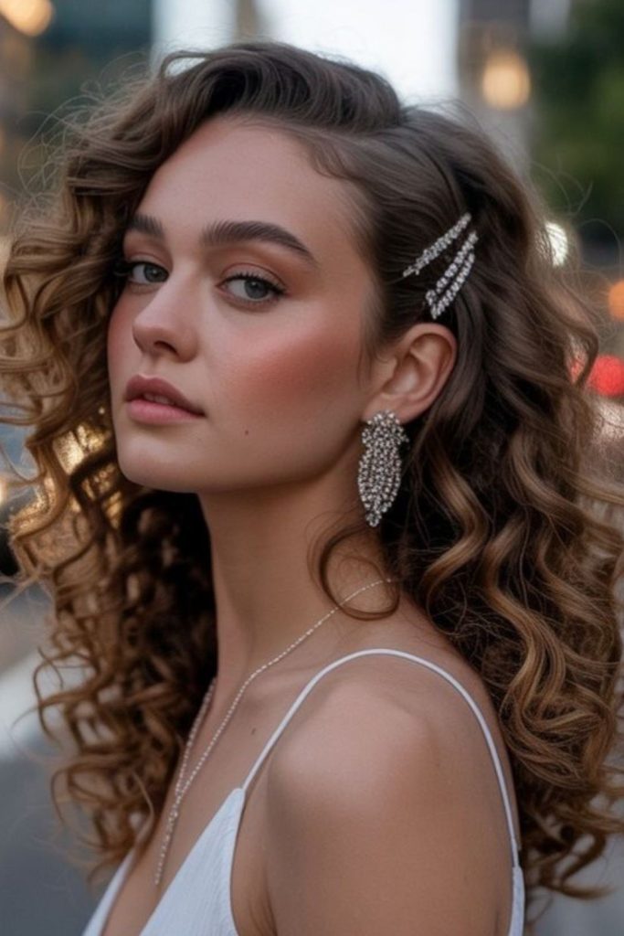 Romantic side swept curly hairstyle.