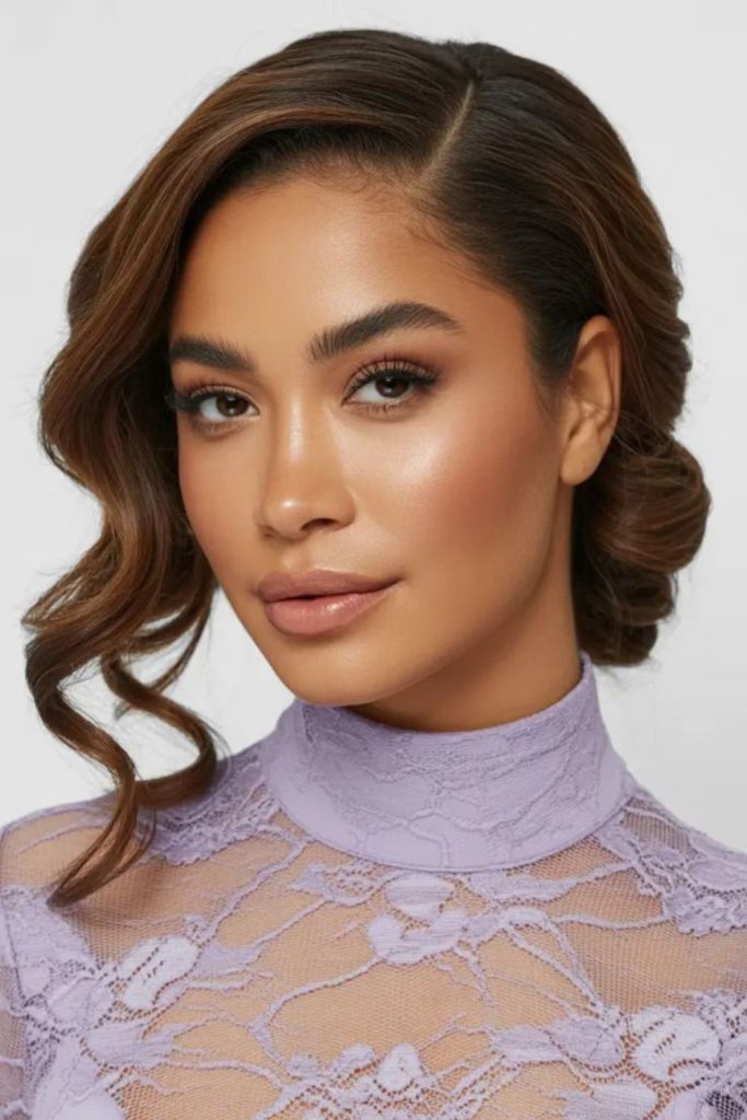 Soft rose swoop hairstyle with delicate romantic airy movement