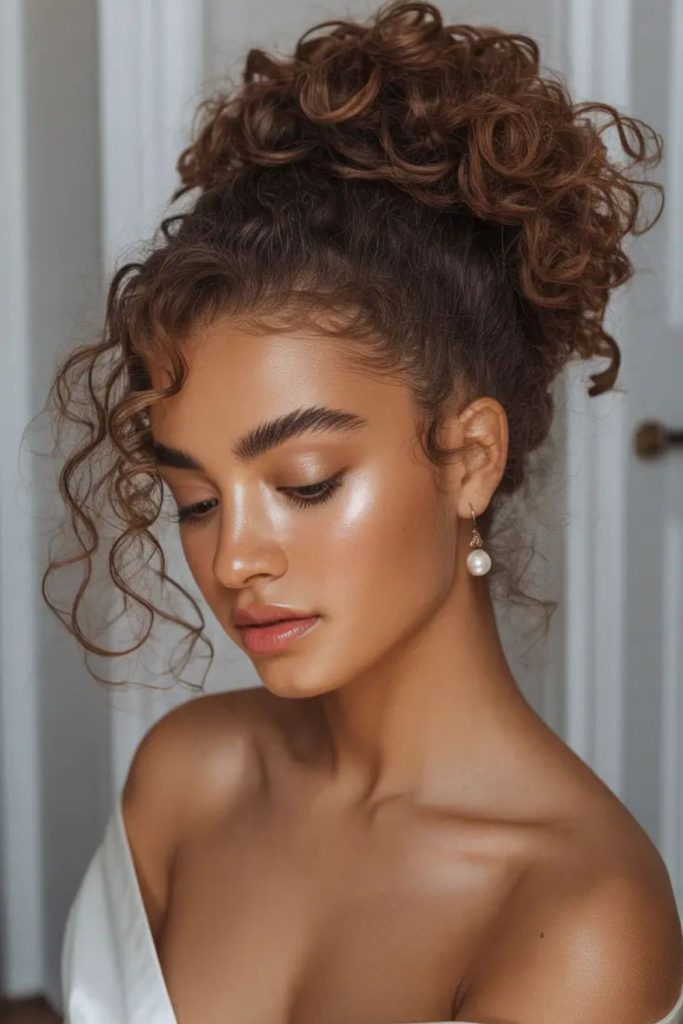 Velvet curly bun elegant look.