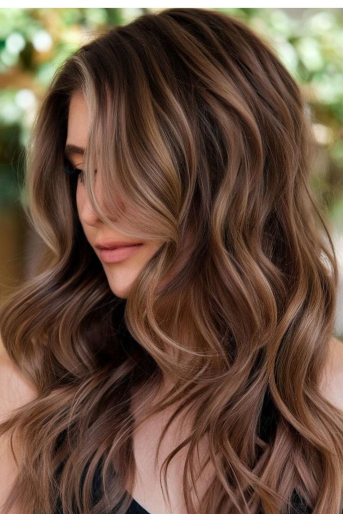 Sandy mocha brunette layered waves.