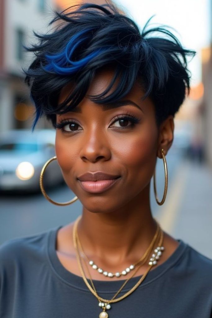 Deep blue pixie cut with sharp angular fringe and sleek glossy finish.