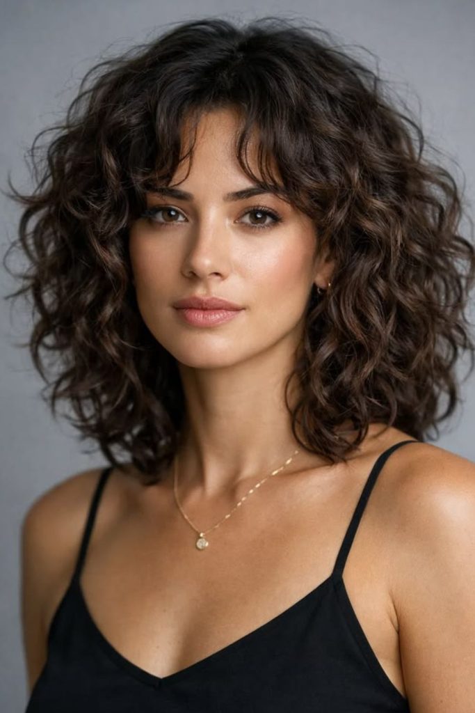 Satin soft voluminous curly hairstyle.