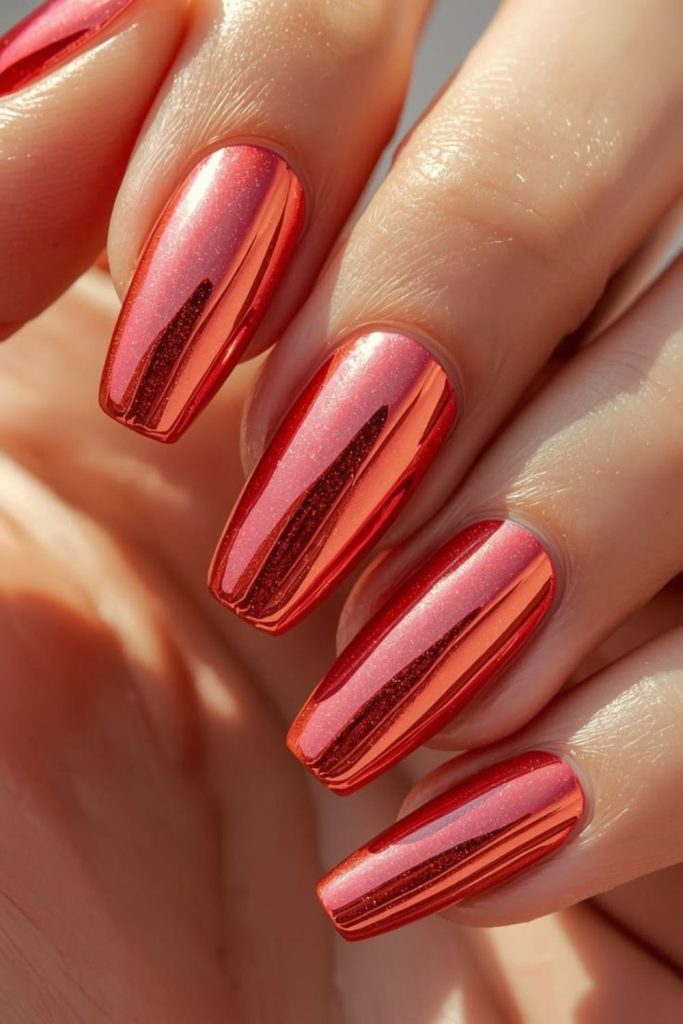 Dark red sunset chrome nails