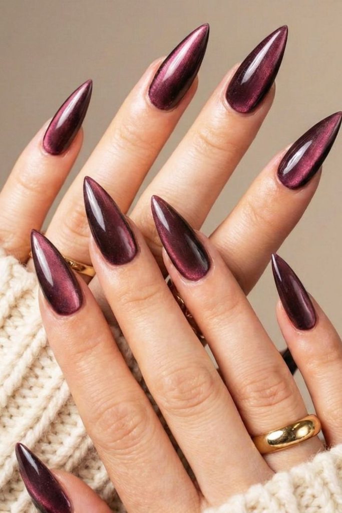 Black rose chrome shimmer nails design