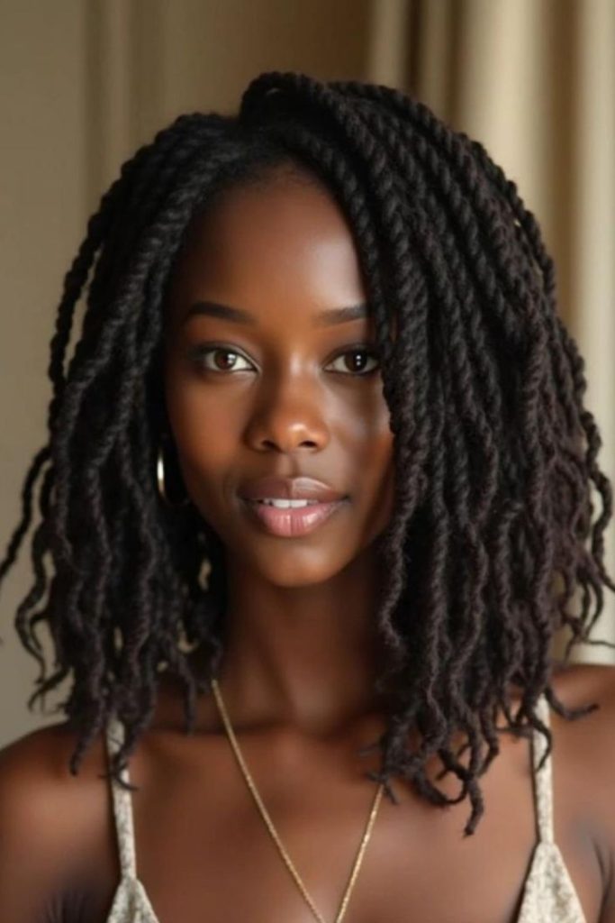 Shoulder length crochet twists calm style.