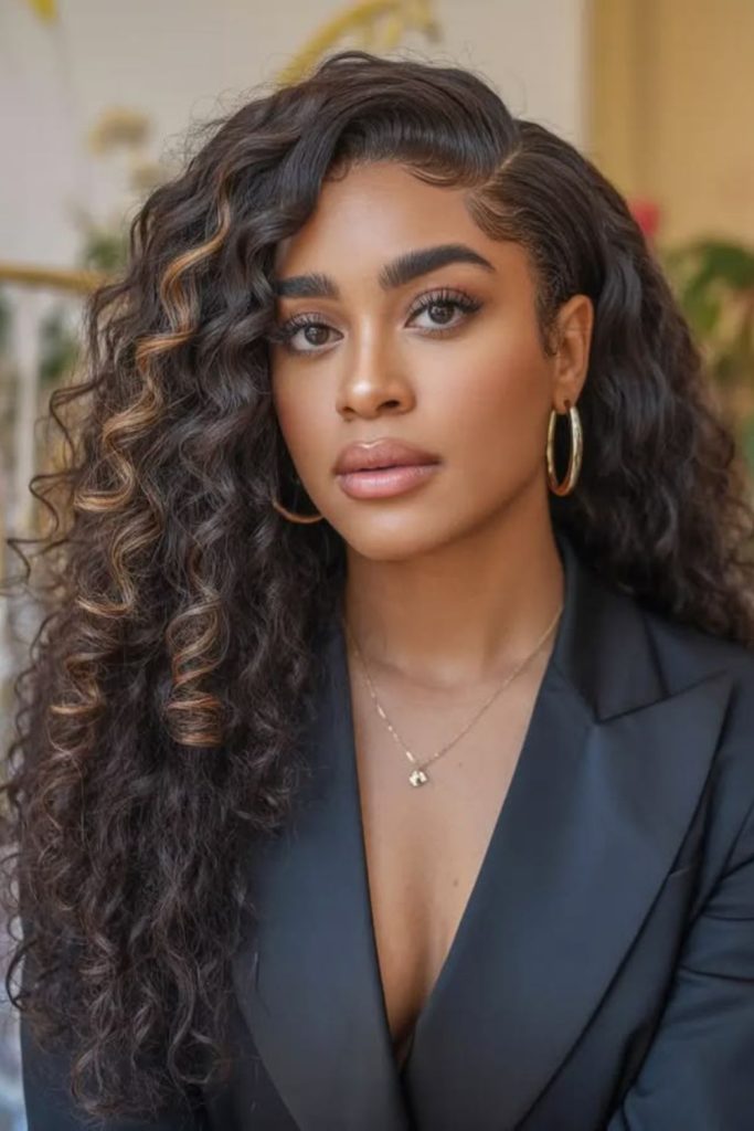 Side part crochet curls sweeping volume.