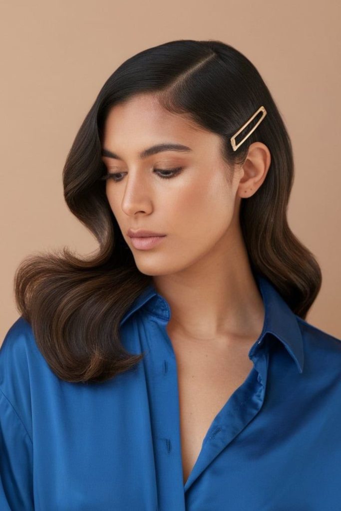 Glossy silky swoop hairstyle with fluid side flowing elegant strands