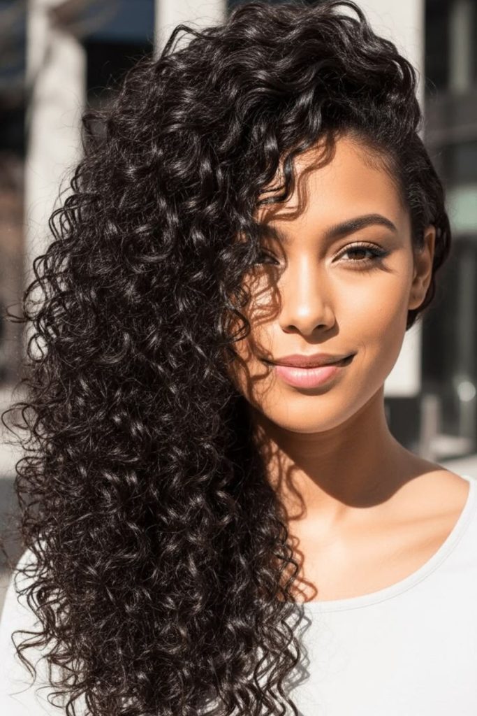 Romantic bounce texture flowing gracefully around face.