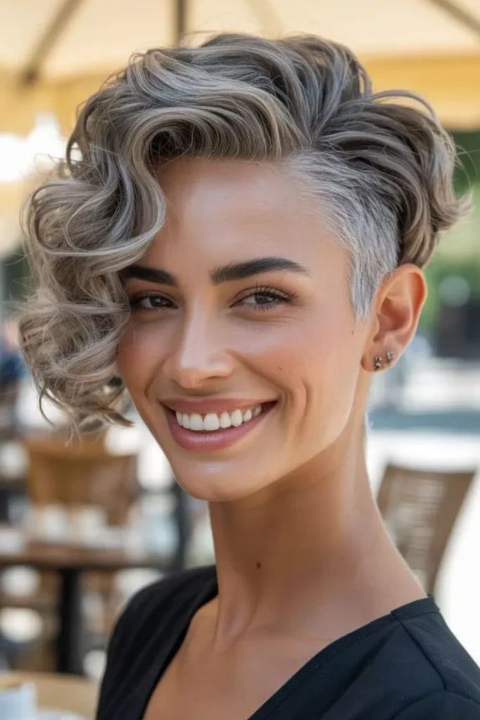 Curly silver ember pixie cut