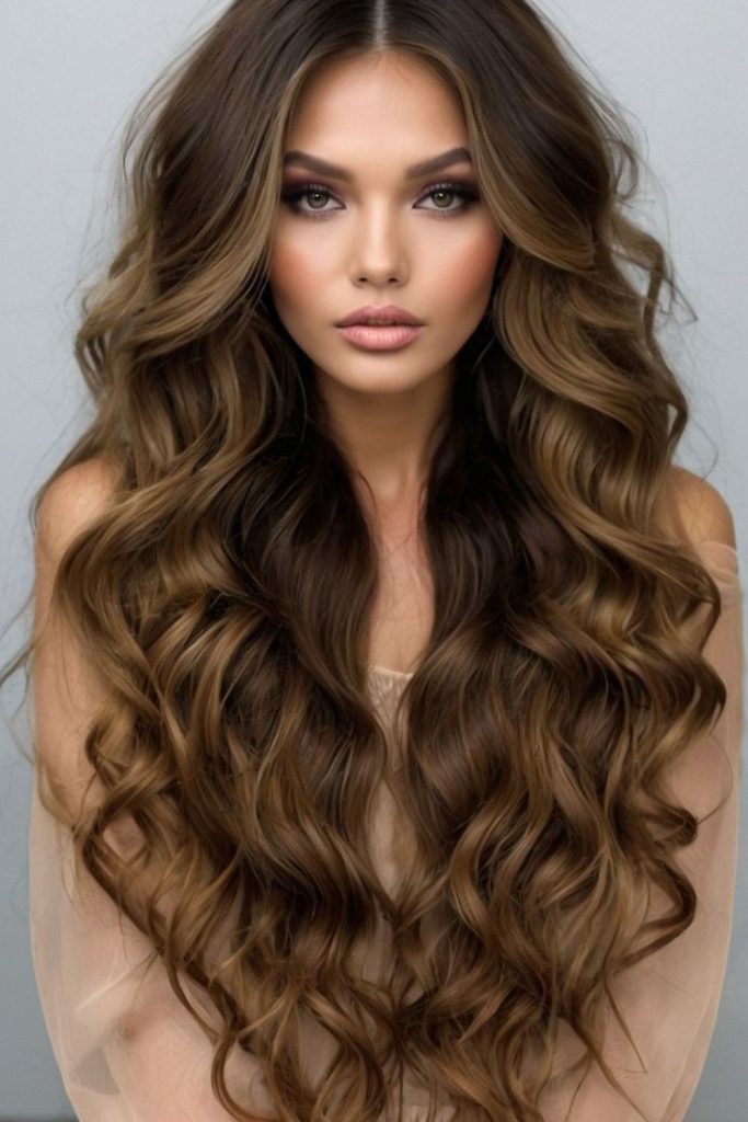 Long honey toned curly hairstyle.