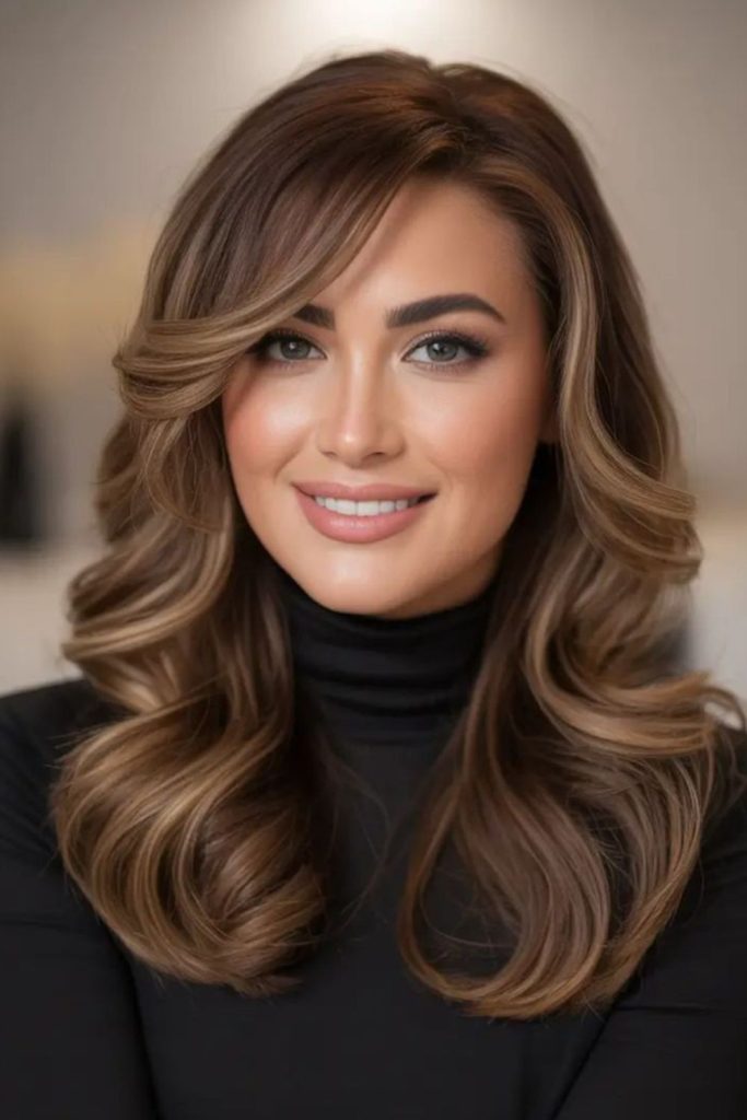 Muted taupe swoop hairstyle with soft subtle elegant side flow