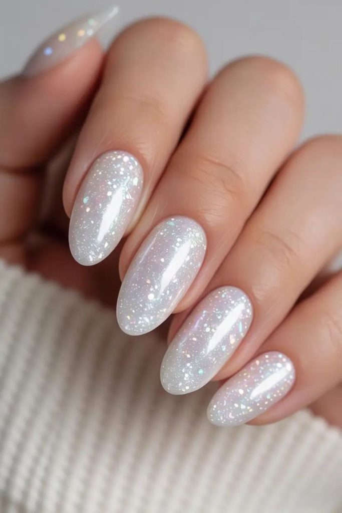 Milky white shimmer graduation nails.