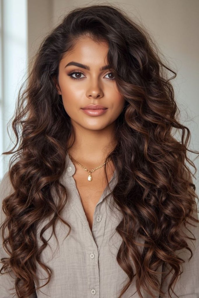 Smooth flowing textured curls with warm movement.