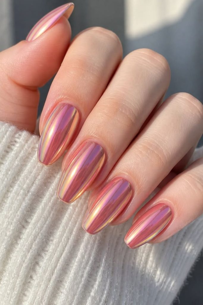 Bright peach mirror chrome nails