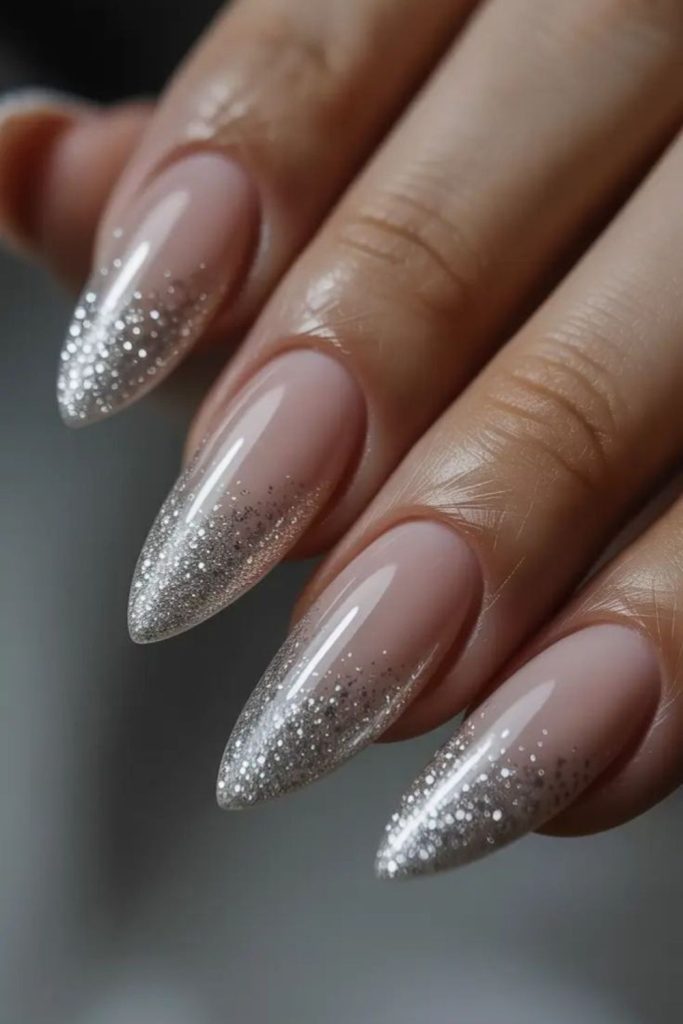 Silver glitter fade graduation nails.