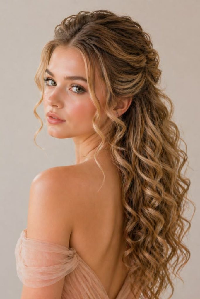 Velvet curly puff formal hairstyle.