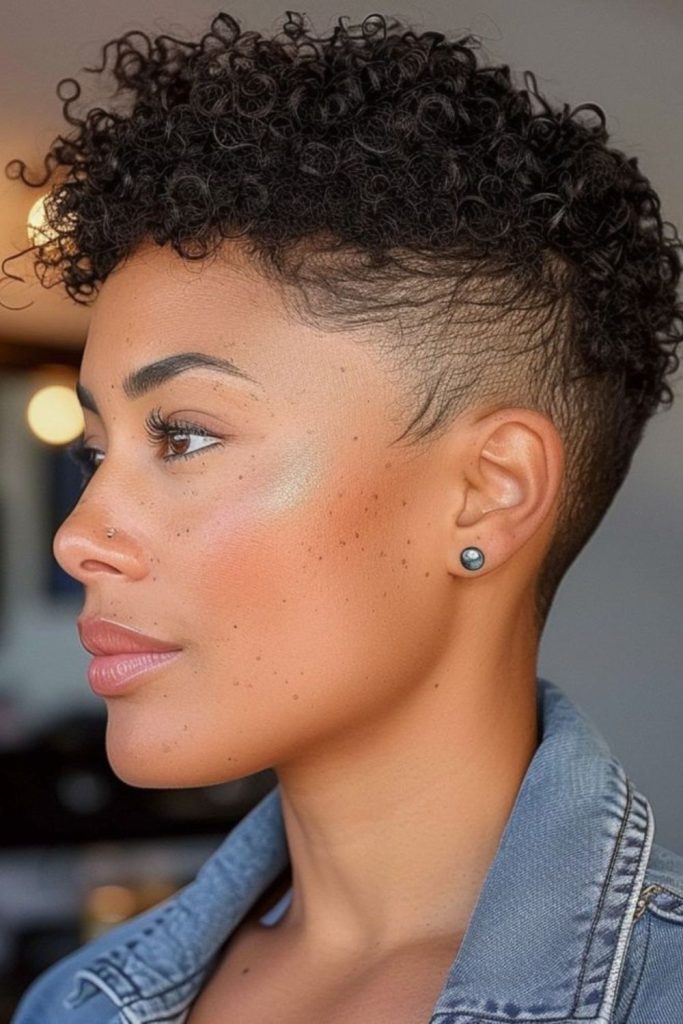 Metallic steel pixie haircut with sharp structure and futuristic sleek finish.