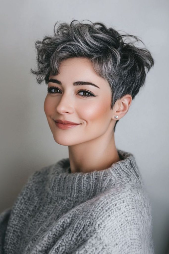 Steel toned wavy pixie haircut