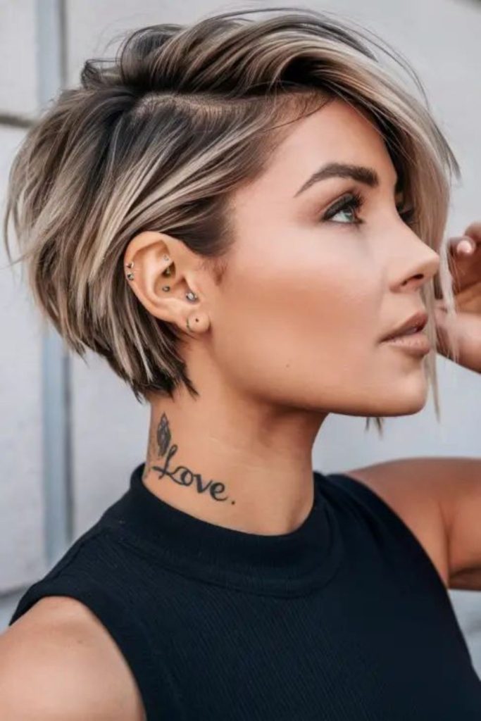 Layered storm ash pixie cut