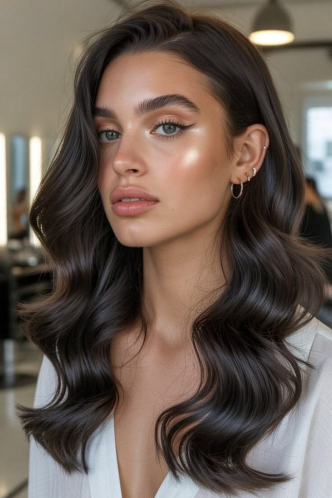 Dark stormy swoop hairstyle with bold intense sharp side sweep