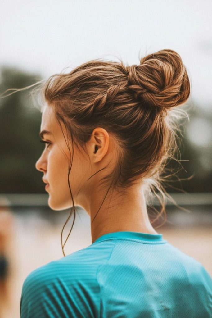 Elevated bun clean athletic gym ready hair