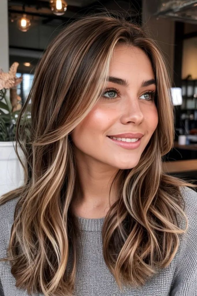 Sunbeam blonde highlights through mocha hair.