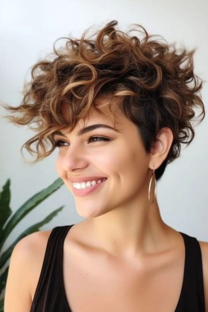 Sunlit spiral curls pixie hairstyle