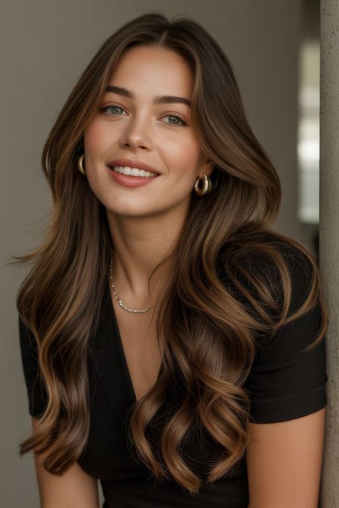 Walnut brunette sunlit highlighted waves.