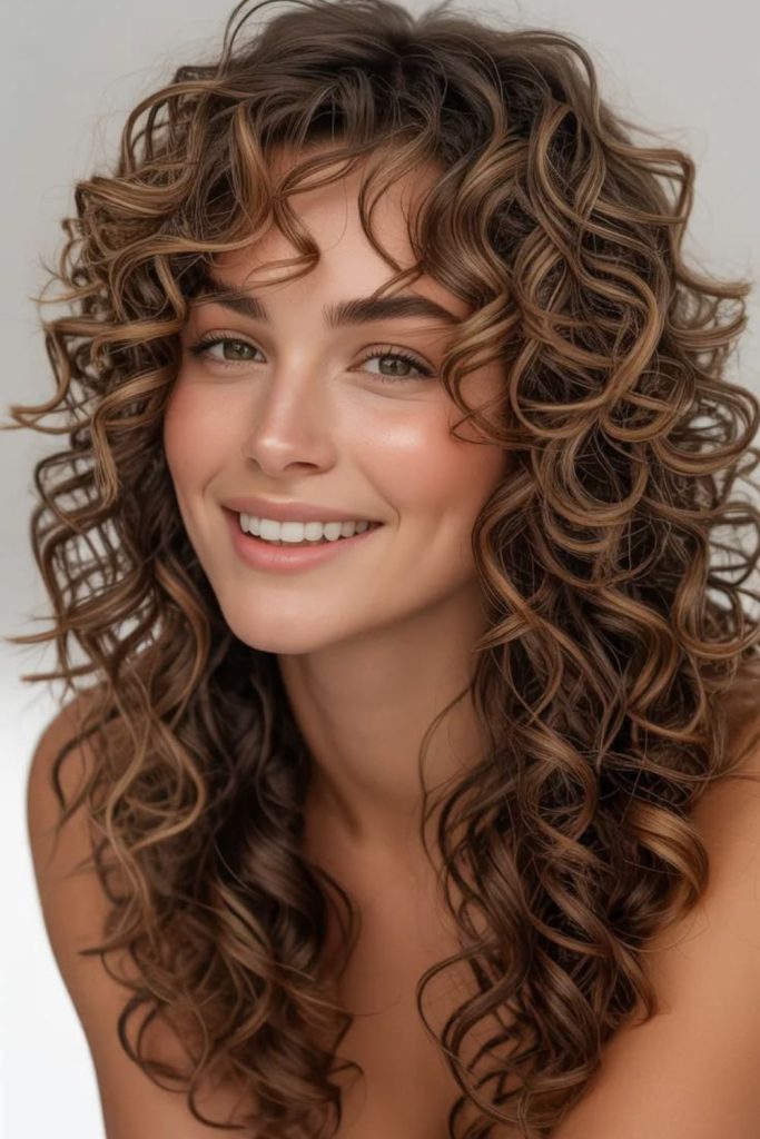 Curly fringe hairstyle playful youthful textured look