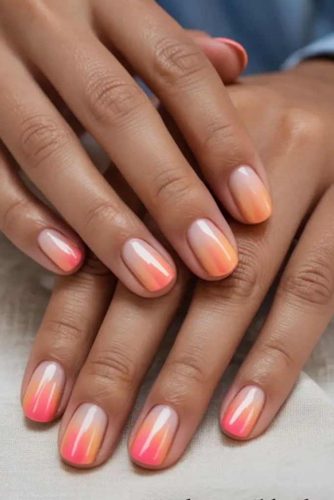 Coral gradient sunset shimmer almond nails