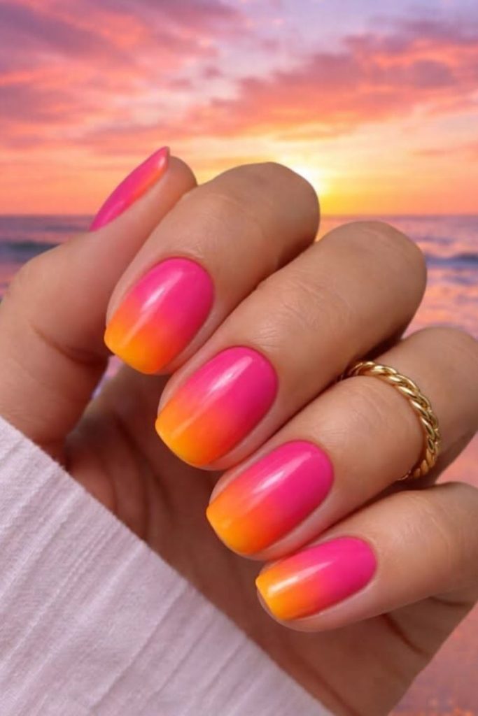 Sunset coral bright tropical square nails