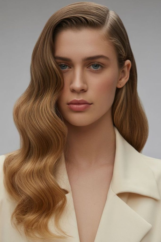 Fiery orange swoop hairstyle with bold warm dramatic side flow