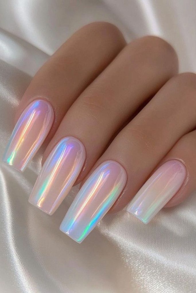 Dream opal rainbow sunset chrome nails