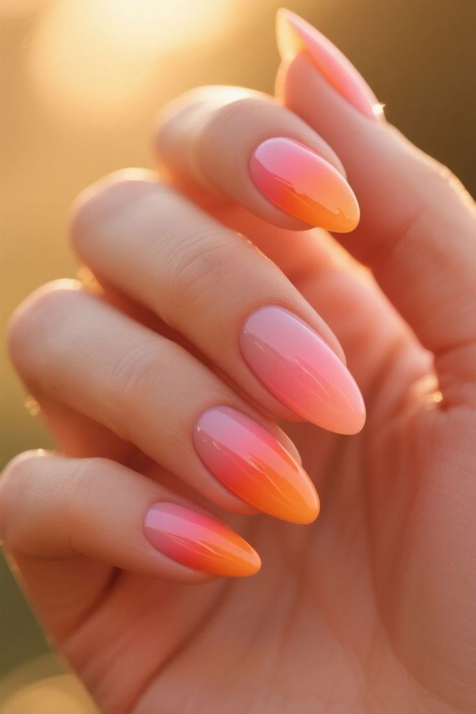 Peachy sunset glossy summer nails.
