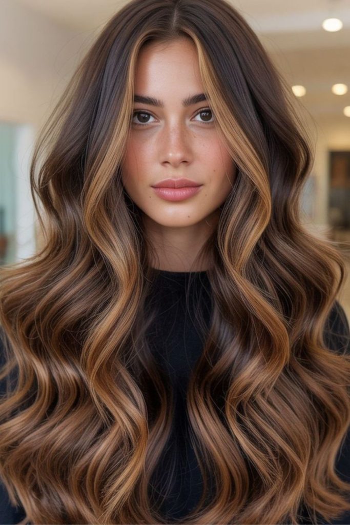 Tawny brunette feathered highlighted hairstyle.