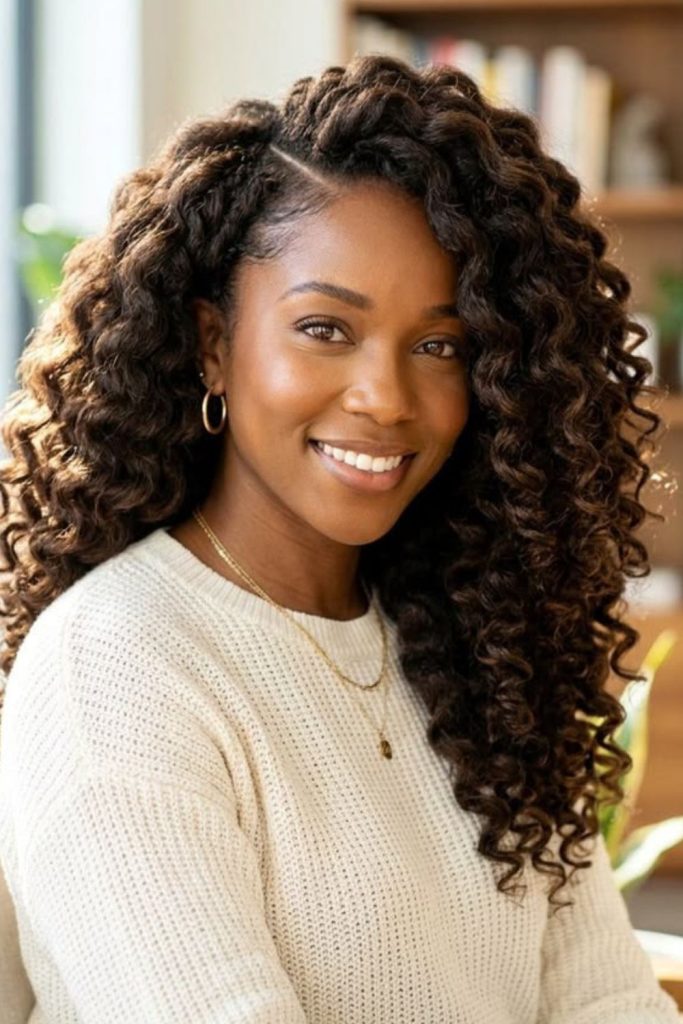 Mixed texture crochet curls layered design.