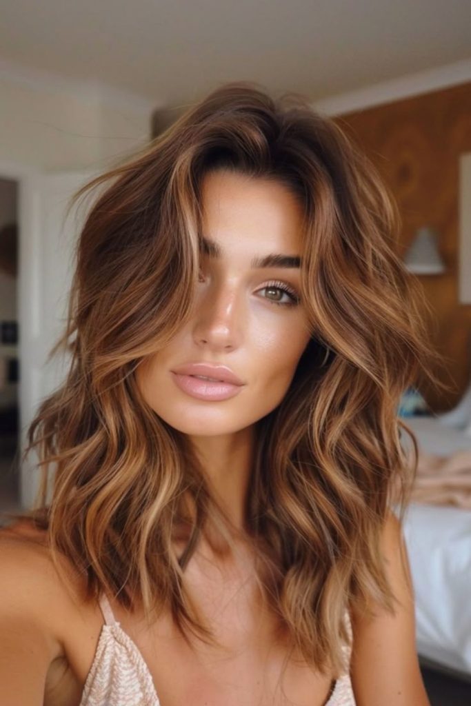 Caramel brunette shoulder-length highlighted waves.