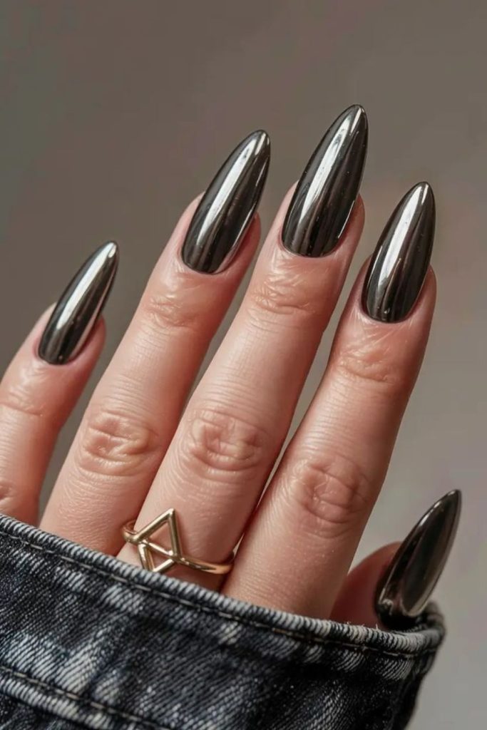 Smoke chrome black industrial nails design