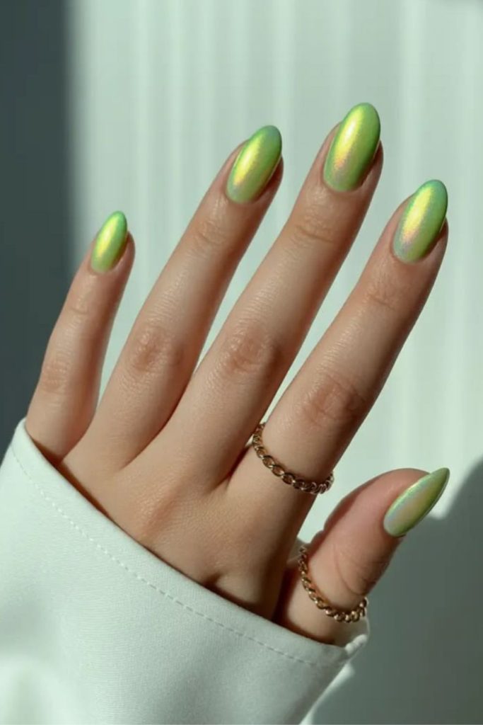 Kiwi green sparkly tropical nail look