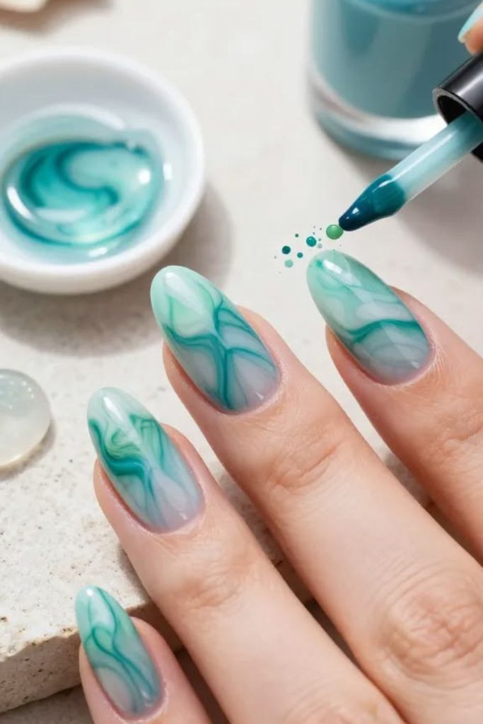 Turquoise ocean lagoon nail design