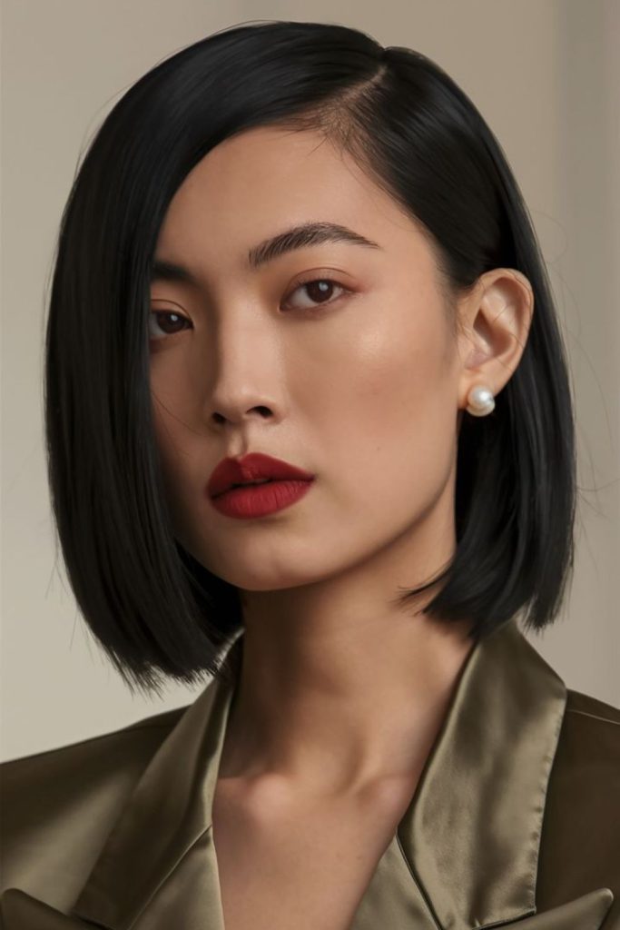 Short bob swoop hairstyle with sharp side sweep and modern edge
