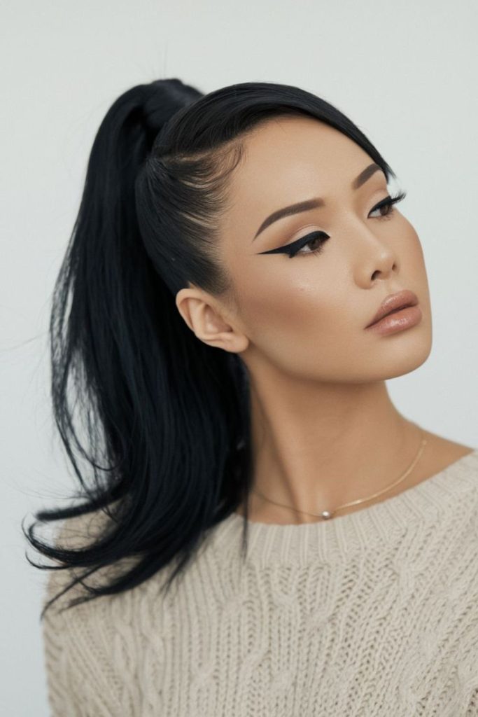 Sleek glassy swoop hairstyle with sharp reflective modern structure