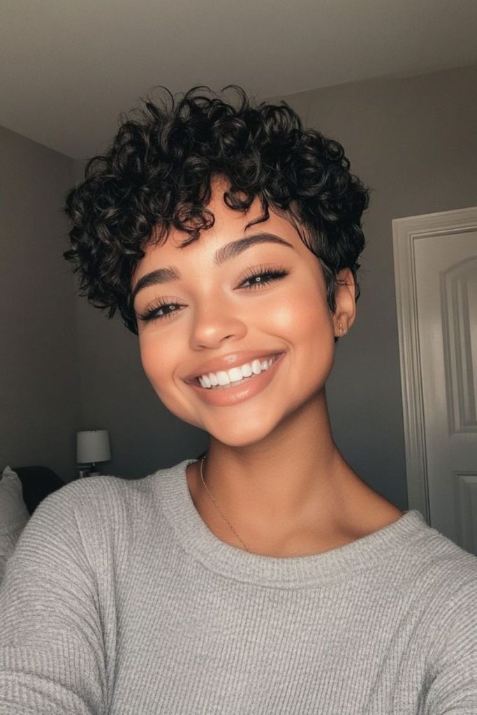 Spiral curls pixie with urban bounce style