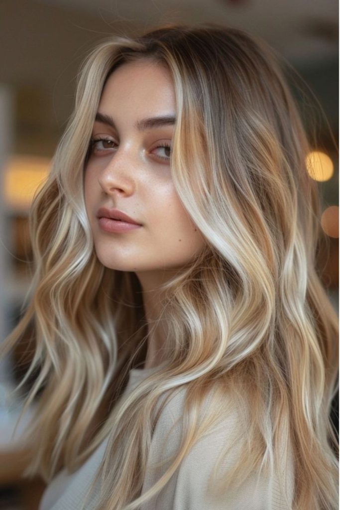 Vanilla blonde ribbons in almond hair.
