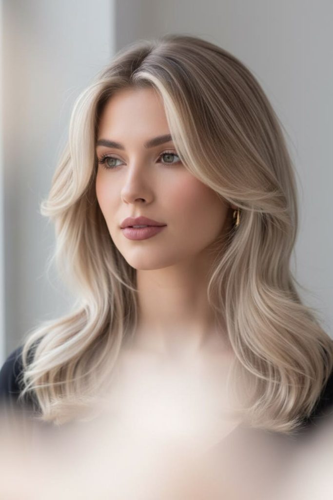 Light blonde swoop hairstyle with airy soft cloud like texture